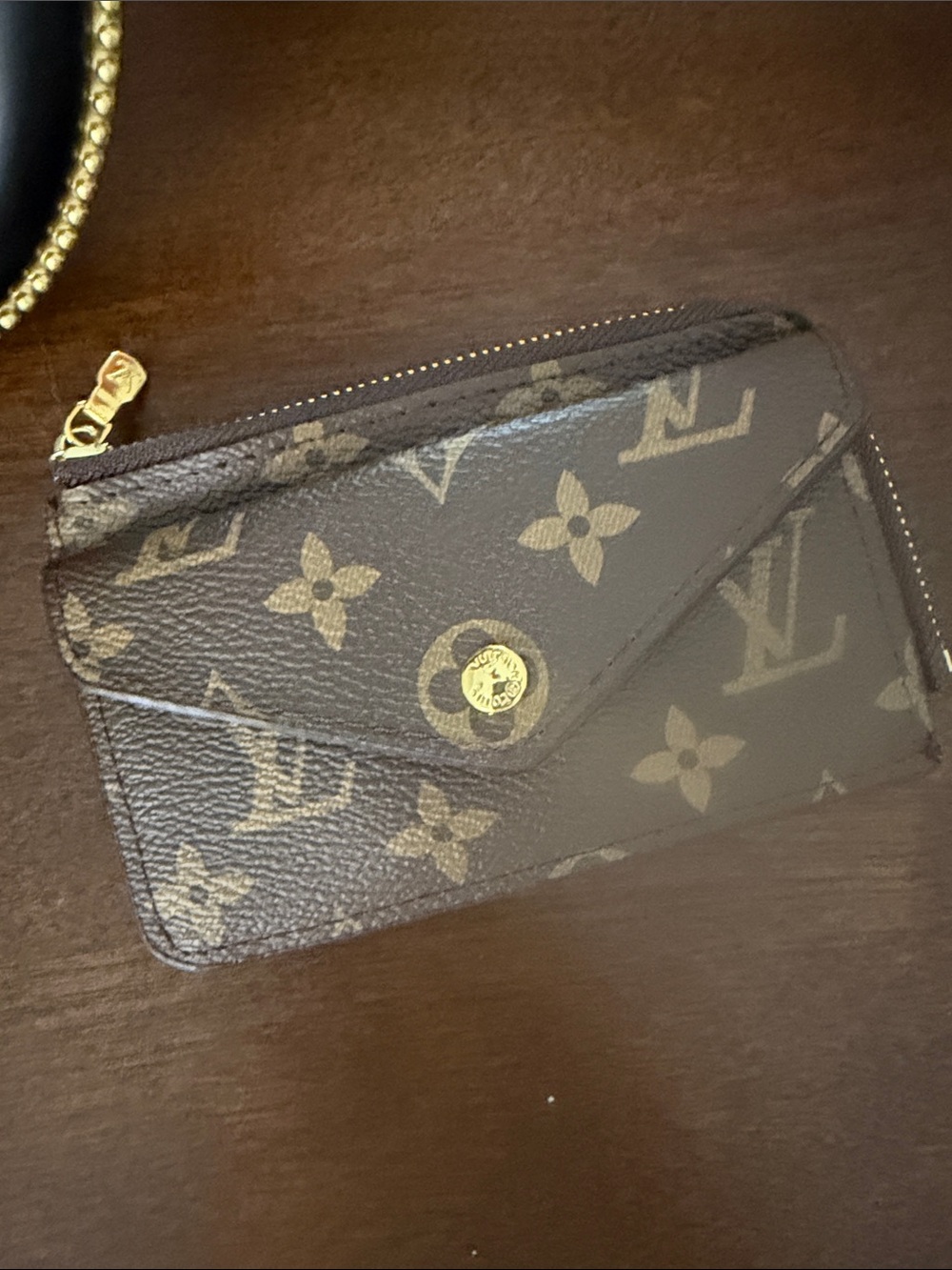 Monogram Card Pouch in Brown with Gold Hardware